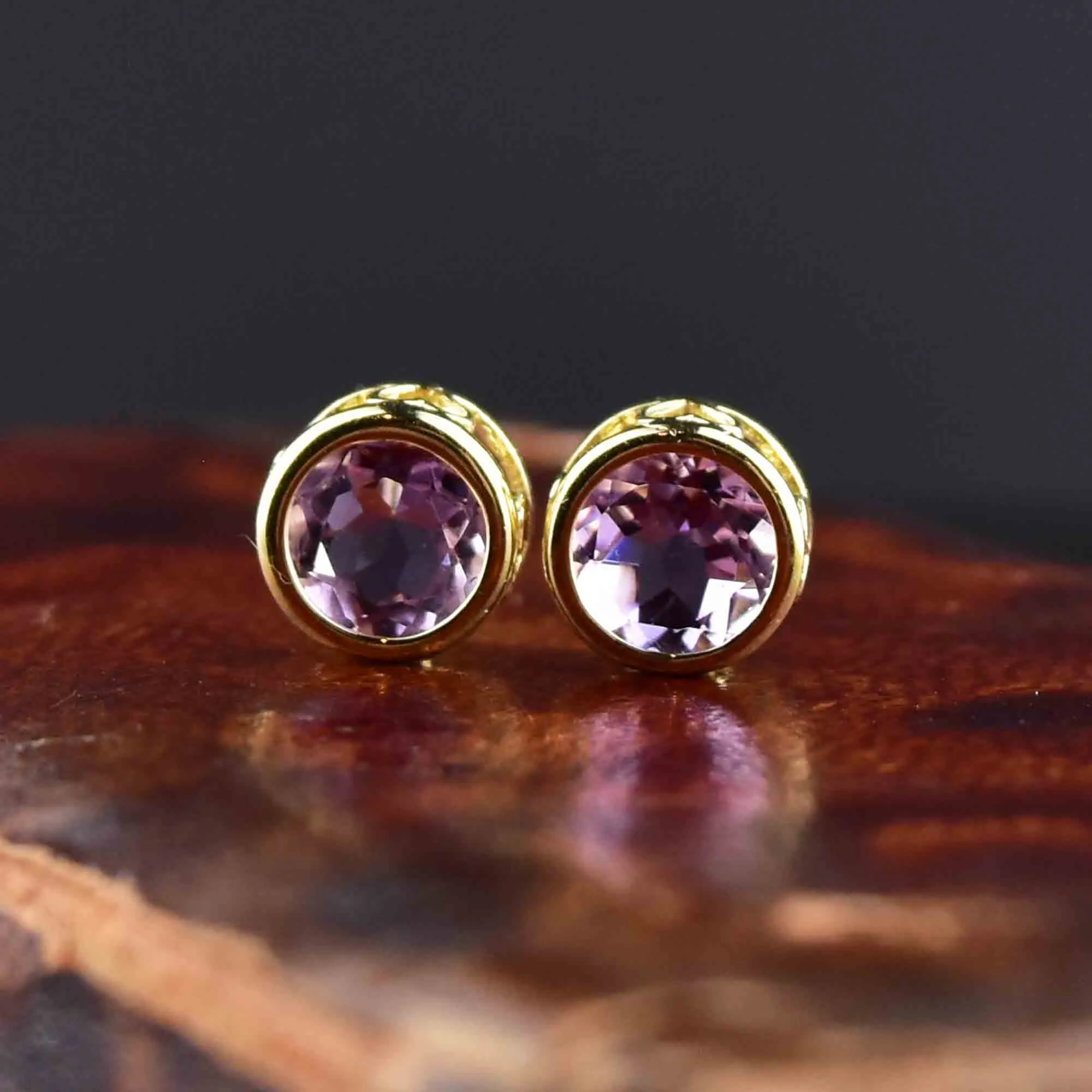 14K Gold Amethyst Heart Stud Earrings