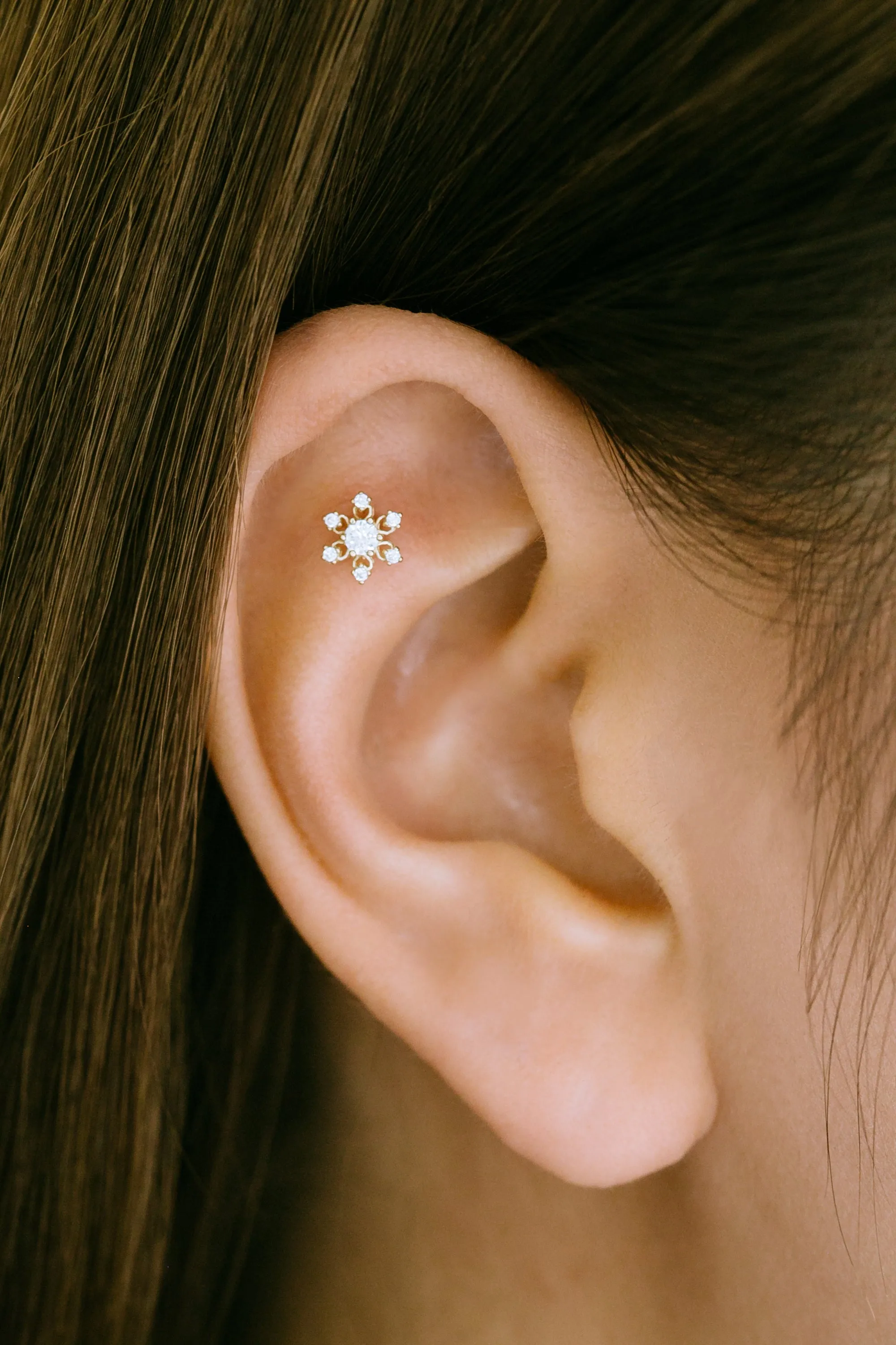 14K Real Gold Delicate Cz Flower Snowflake Forward Helix Cartilage Tragus Inner Conch Ear Stud Post Internally Threaded Earring Labret Jewelry