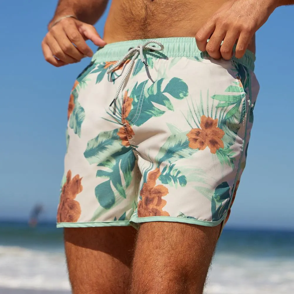 4.5 Inch Inseam Vintage Light Green Floral Swim Trunks