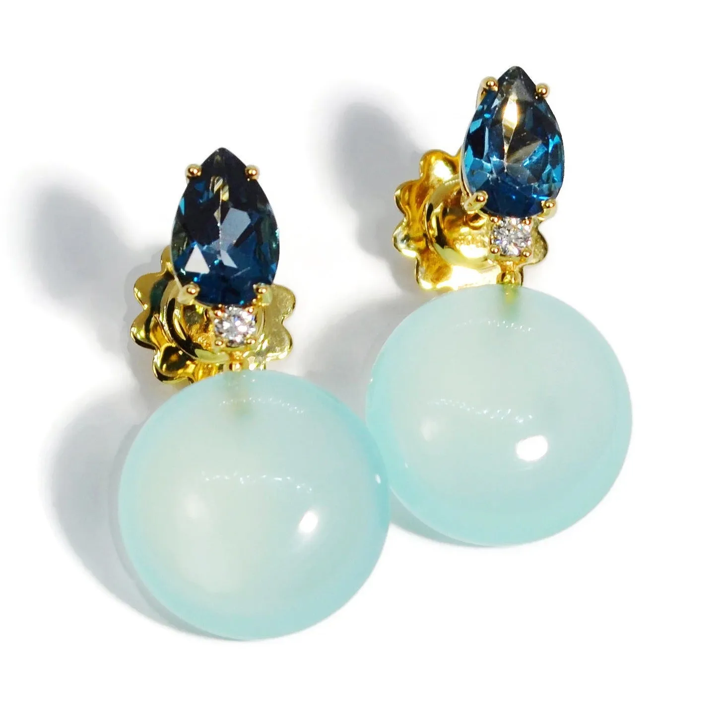 A & Furst - Bonbon - Drop Earrings with London Blue Topaz, Diamonds and Aqua Chalcedony, 18k Yellow Gold