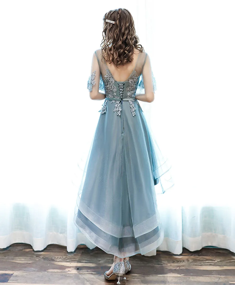 A-Line Tulle Lace Gray Green High Low Prom Dress, Gray Green Formal Dress