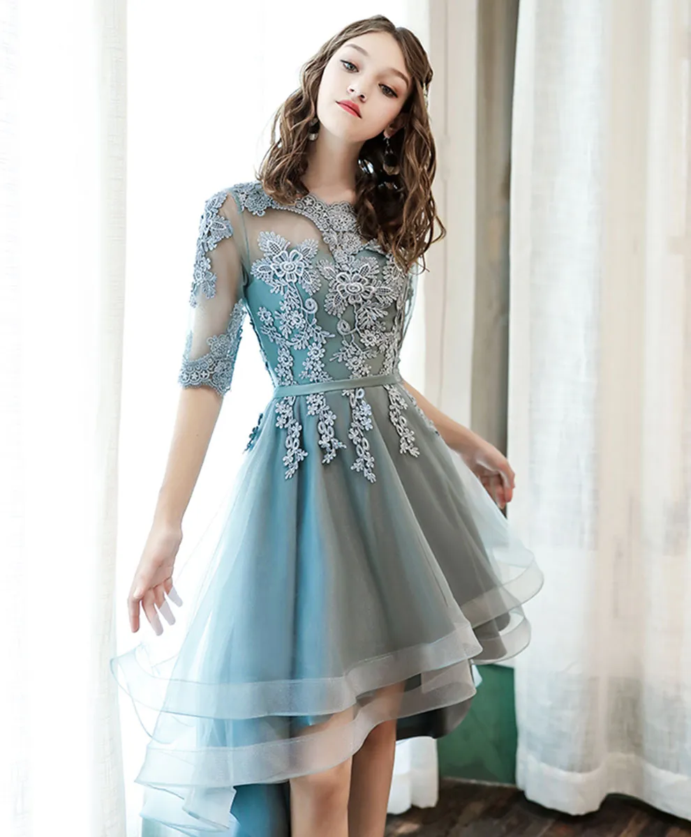 A-Line Tulle Lace Gray Green High Low Prom Dress, Gray Green Formal Dress