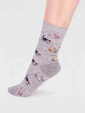 Amaryllis Organic Cotton Skiing Cat Sock - Grey Marle