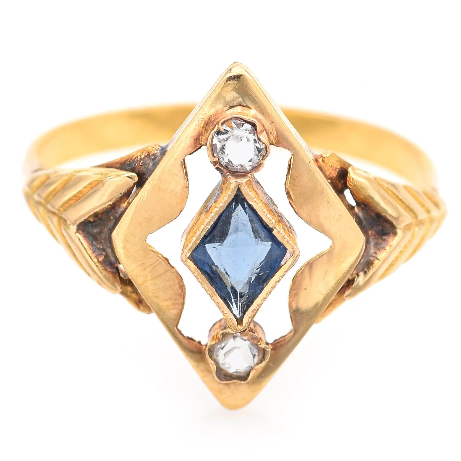 Antique Art Deco 18K Yellow Gold Blue & White Paste Ring Size 4.75