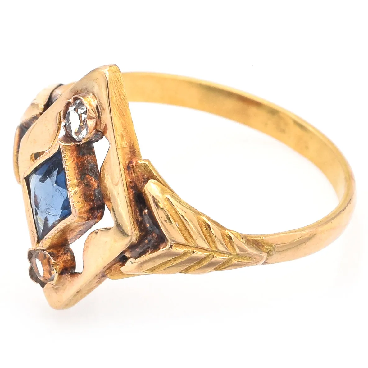 Antique Art Deco 18K Yellow Gold Blue & White Paste Ring Size 4.75