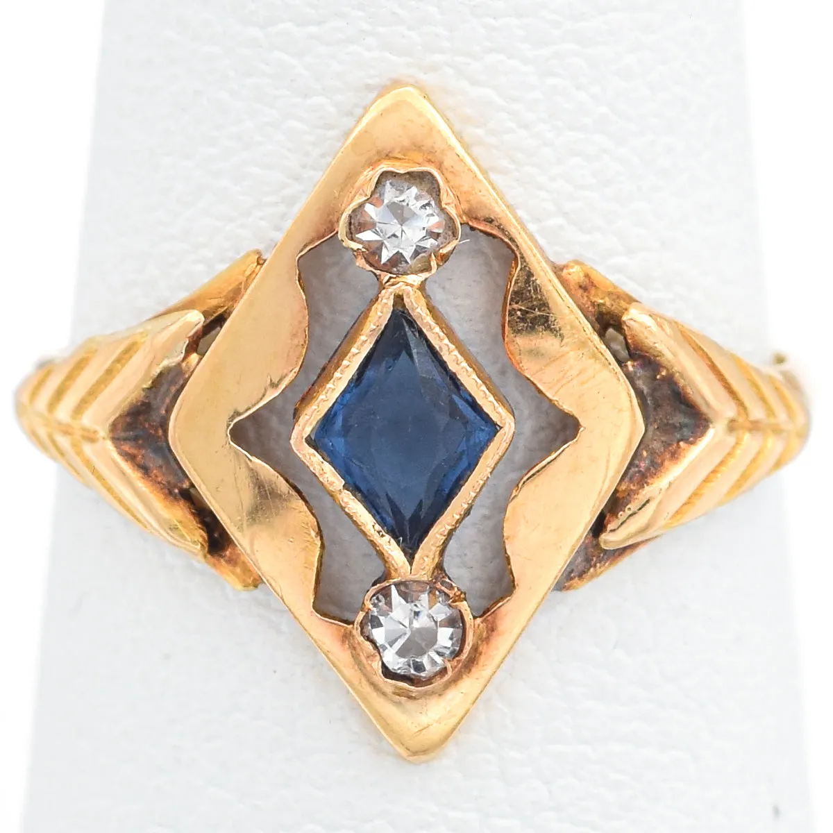 Antique Art Deco 18K Yellow Gold Blue & White Paste Ring Size 4.75