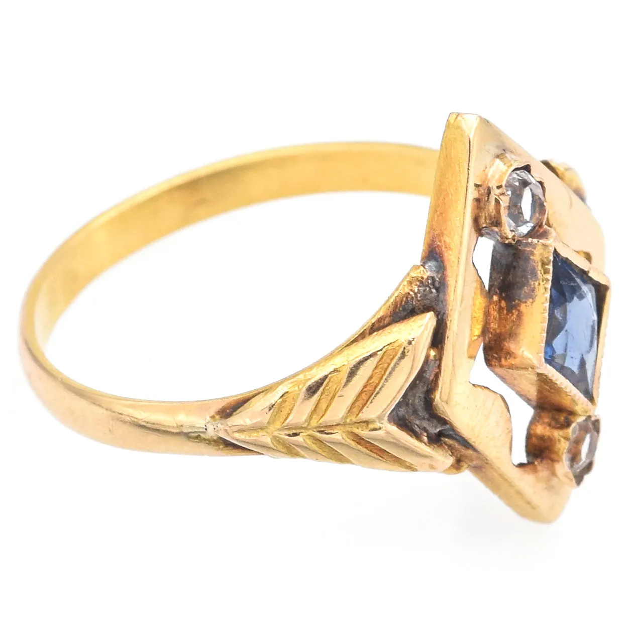 Antique Art Deco 18K Yellow Gold Blue & White Paste Ring Size 4.75