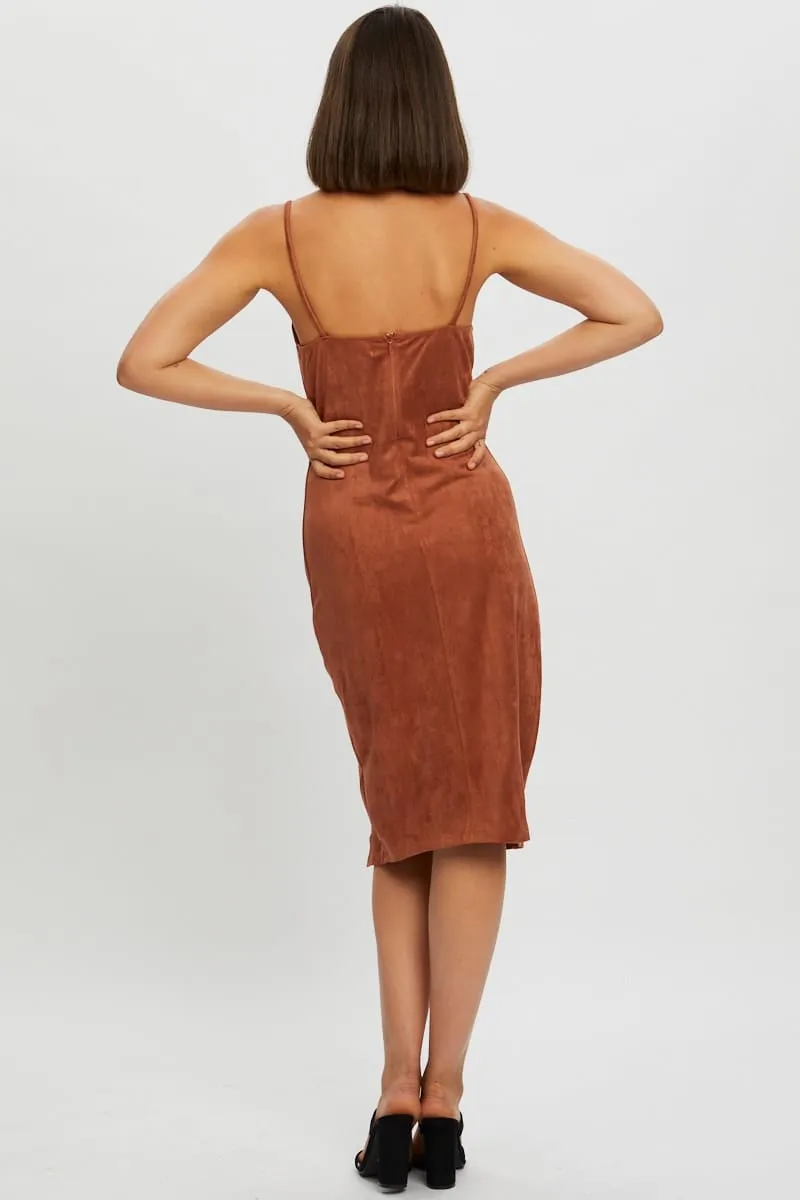 Beige Faux Suede Bodycon Midi Dress