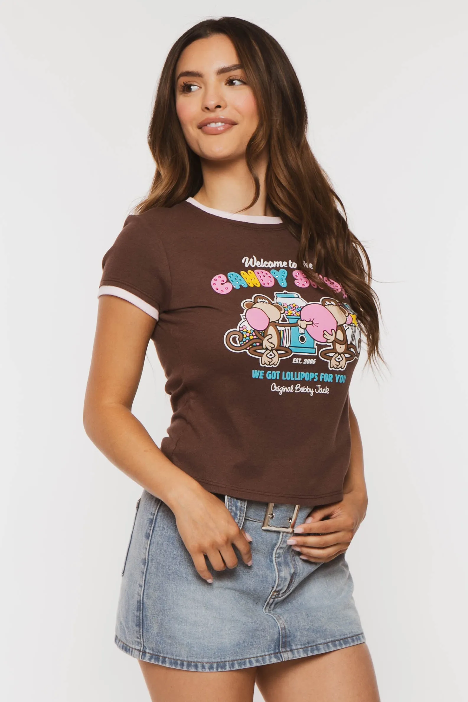 Candy Shop - Bobby Jack Rhinestone Ringer Top -Brown