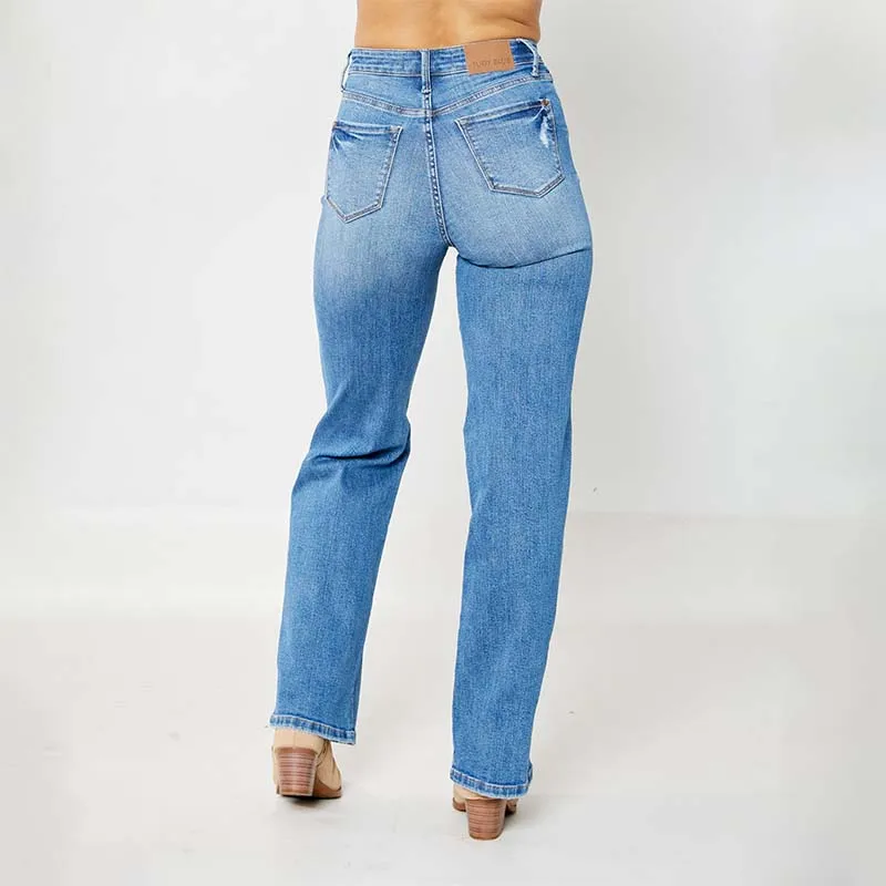 Destroyed High Rise Tummy Control Straight Jeans