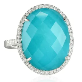 Doves St. Barths Blue Turquoise, White Topaz, & Diamond Halo White Gold Blue Oval Ring