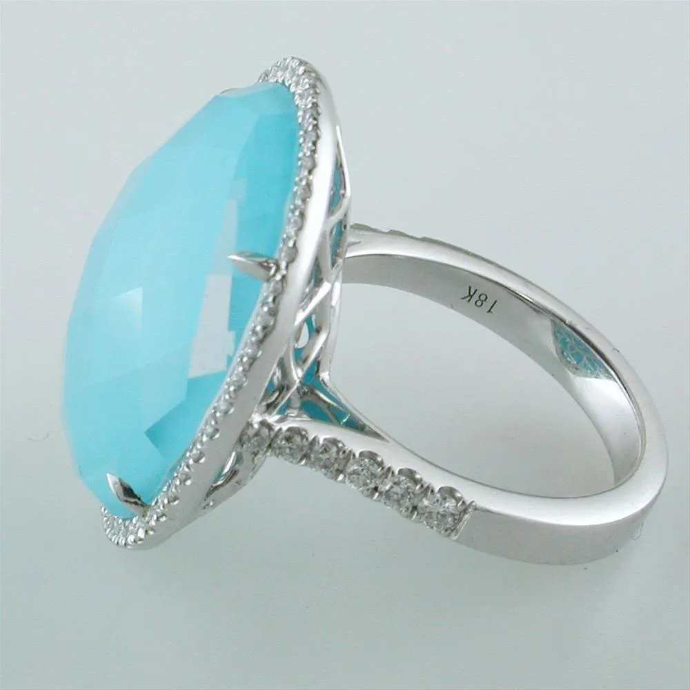 Doves St. Barths Blue Turquoise, White Topaz, & Diamond Halo White Gold Blue Oval Ring