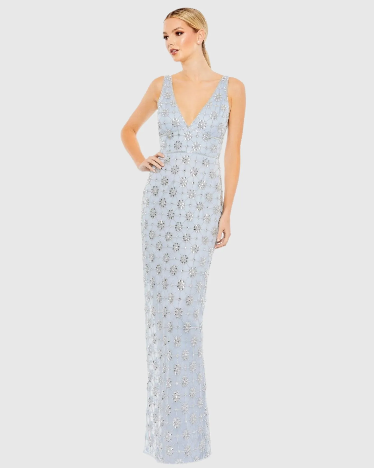 Embellished Mesh V Neck Sleeveless Gown