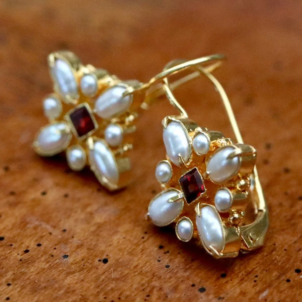 Florentine Cross Pearl and Garnet Earrings