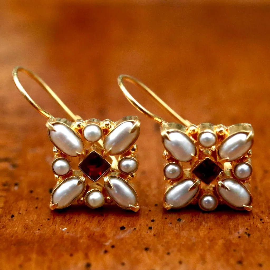 Florentine Cross Pearl and Garnet Earrings