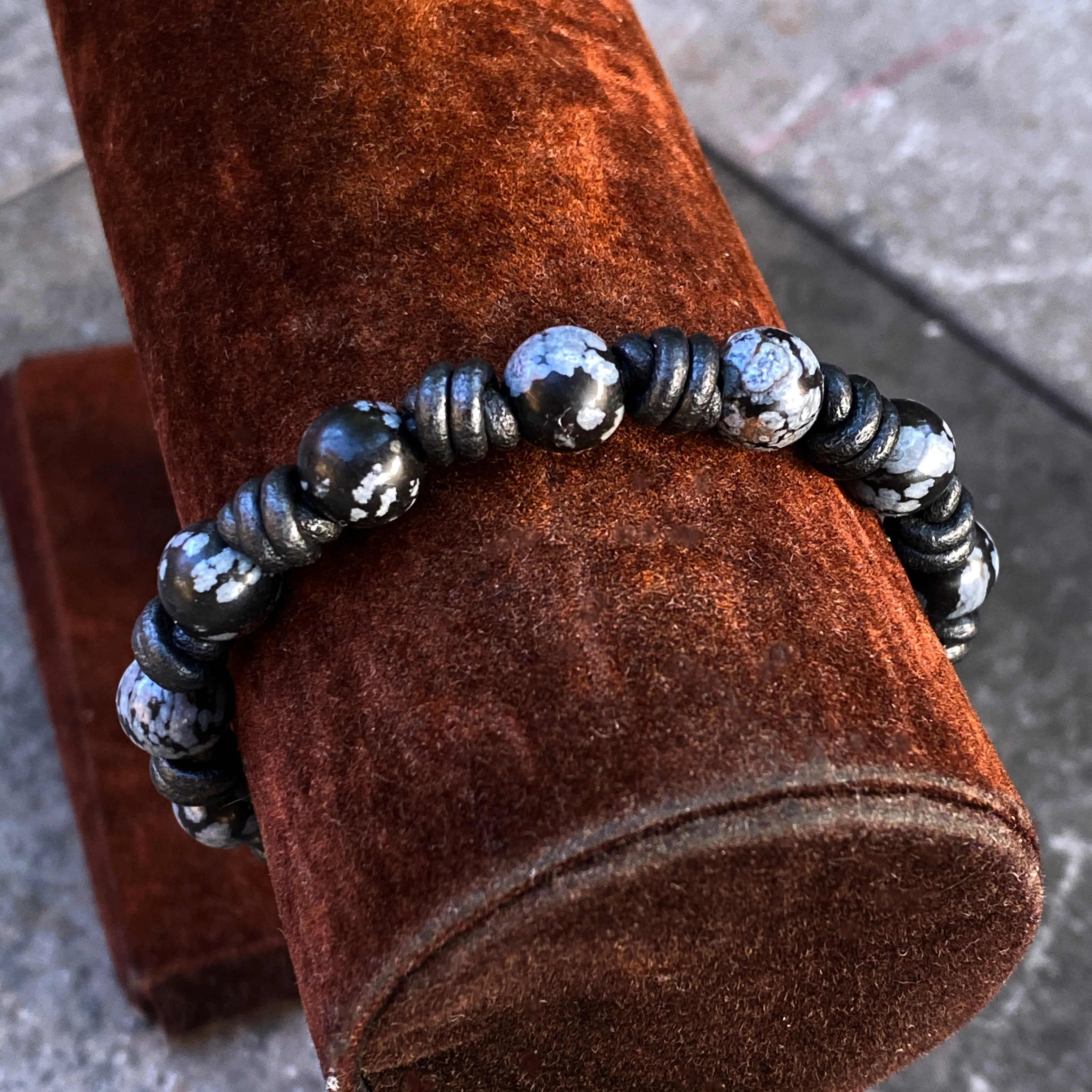 Hand knotted Snowflake Obsidian and Leather Bracelet