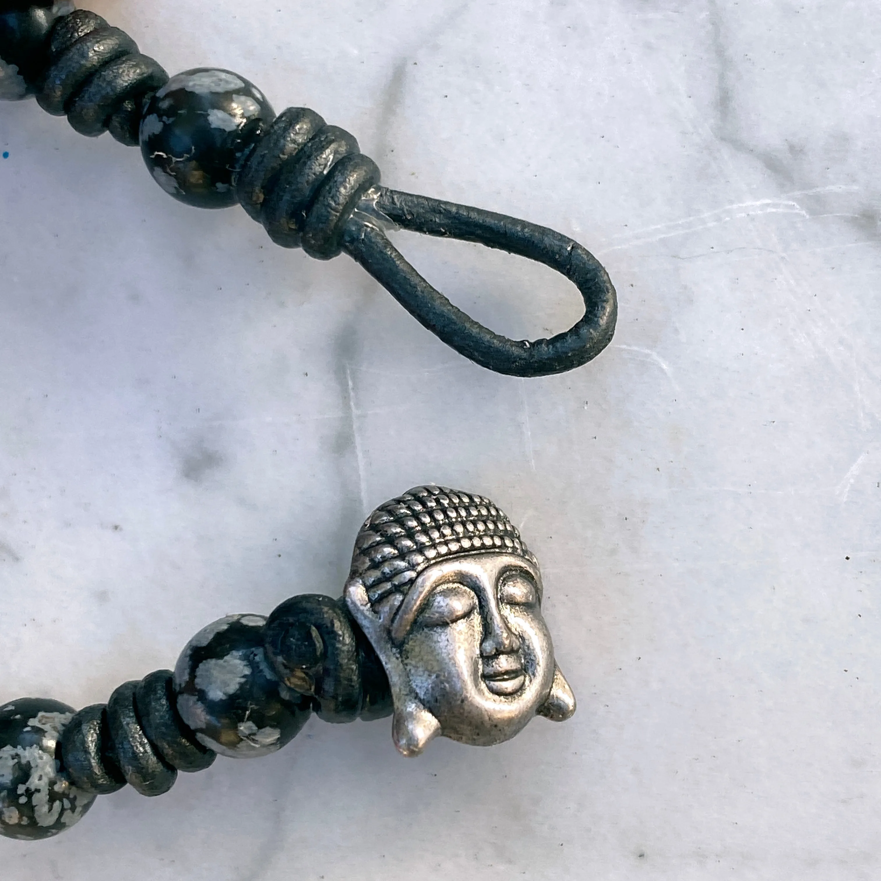 Hand knotted Snowflake Obsidian and Leather Bracelet