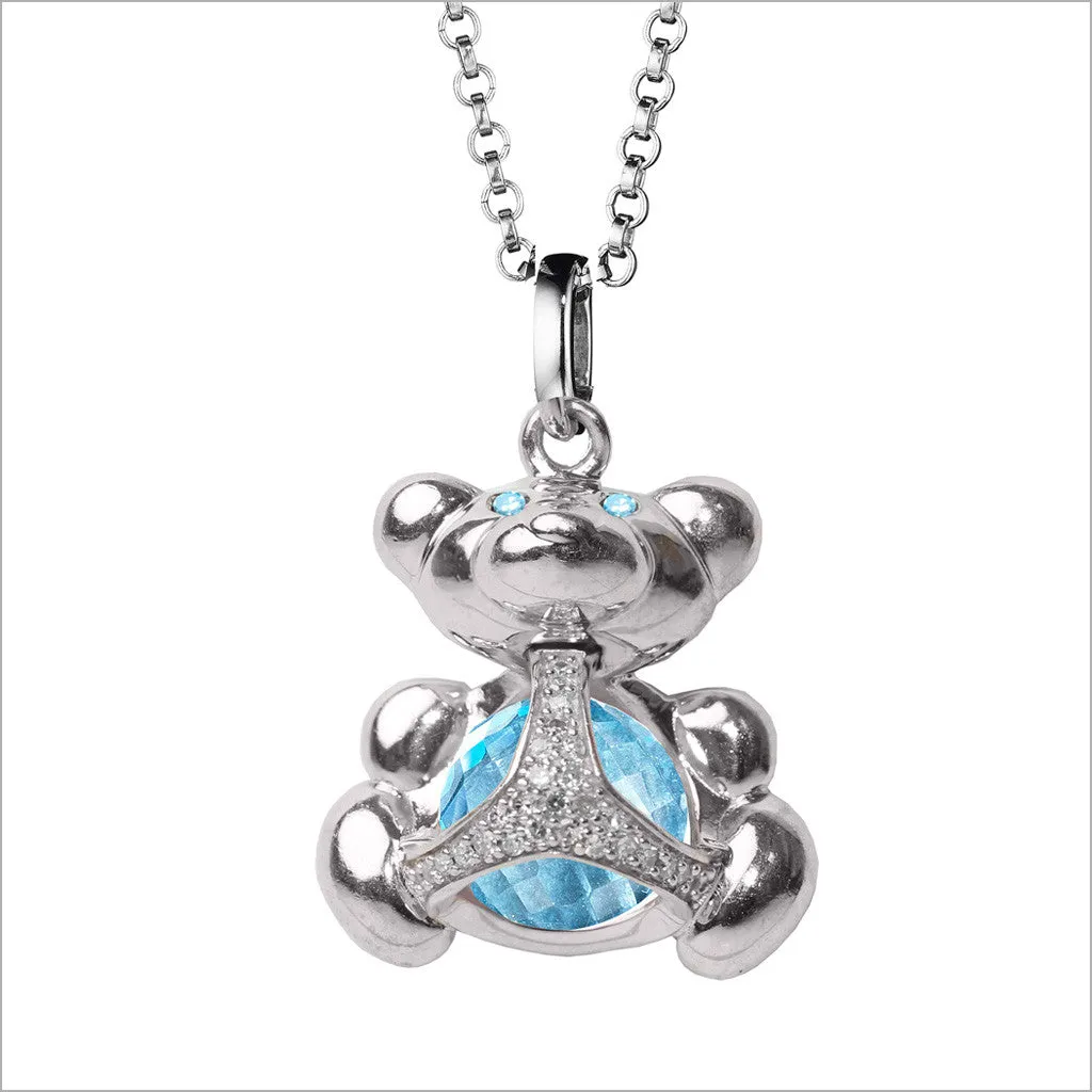 Icona Bear Charm Necklace with Blue Topaz and Diamonds in Sterling Silver