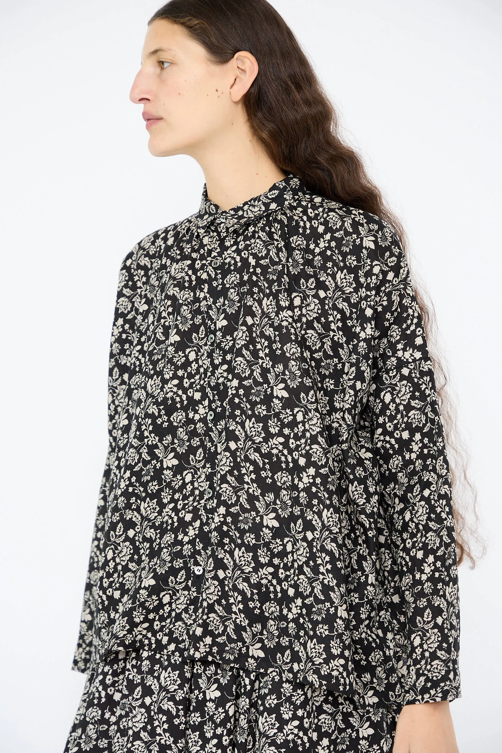 Linen Flower Print Shirt in Black