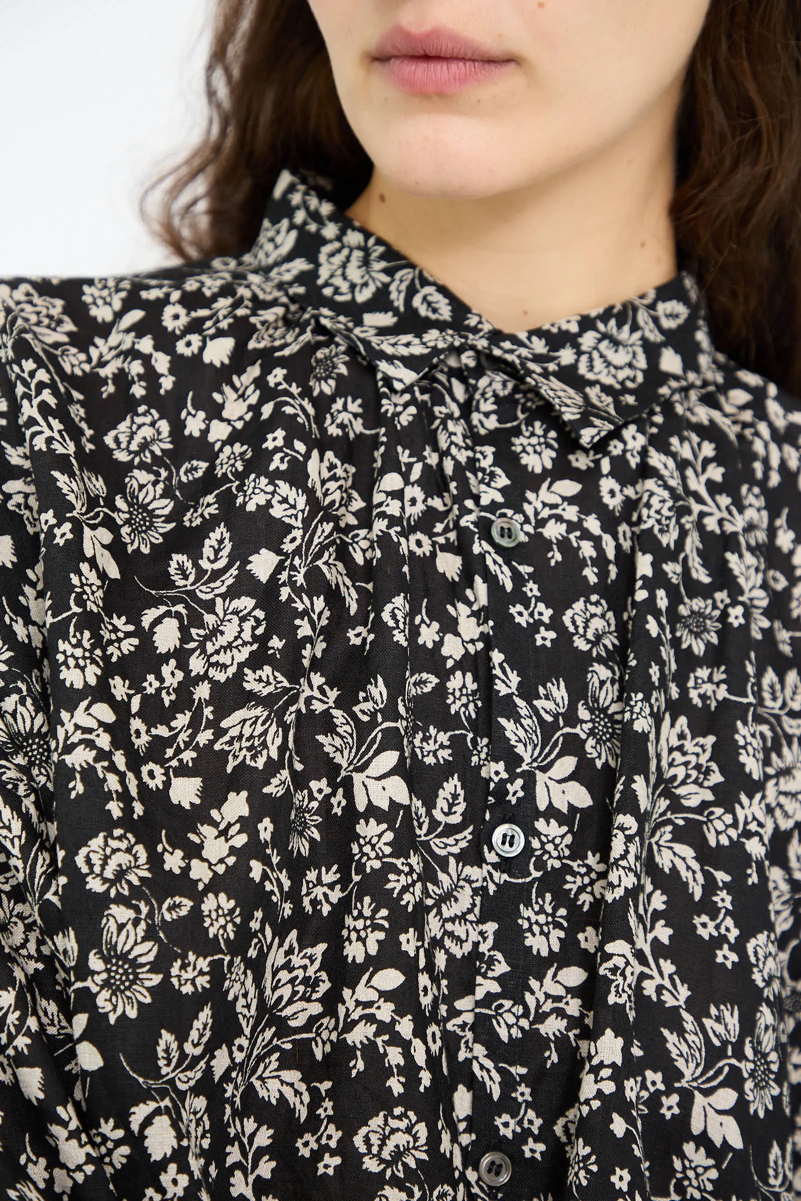 Linen Flower Print Shirt in Black