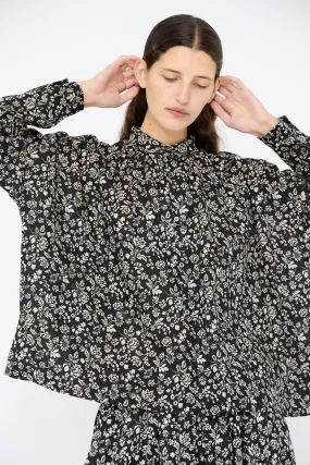 Linen Flower Print Shirt in Black