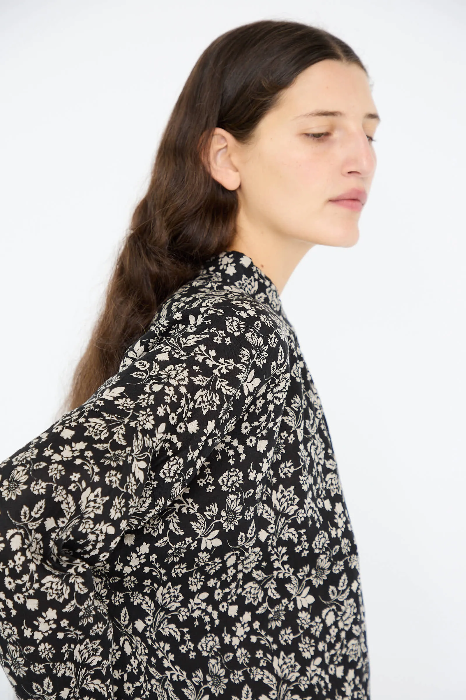 Linen Flower Print Shirt in Black