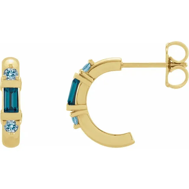 London Blue and Aqua Three Stone Huggies Hoop Earrings