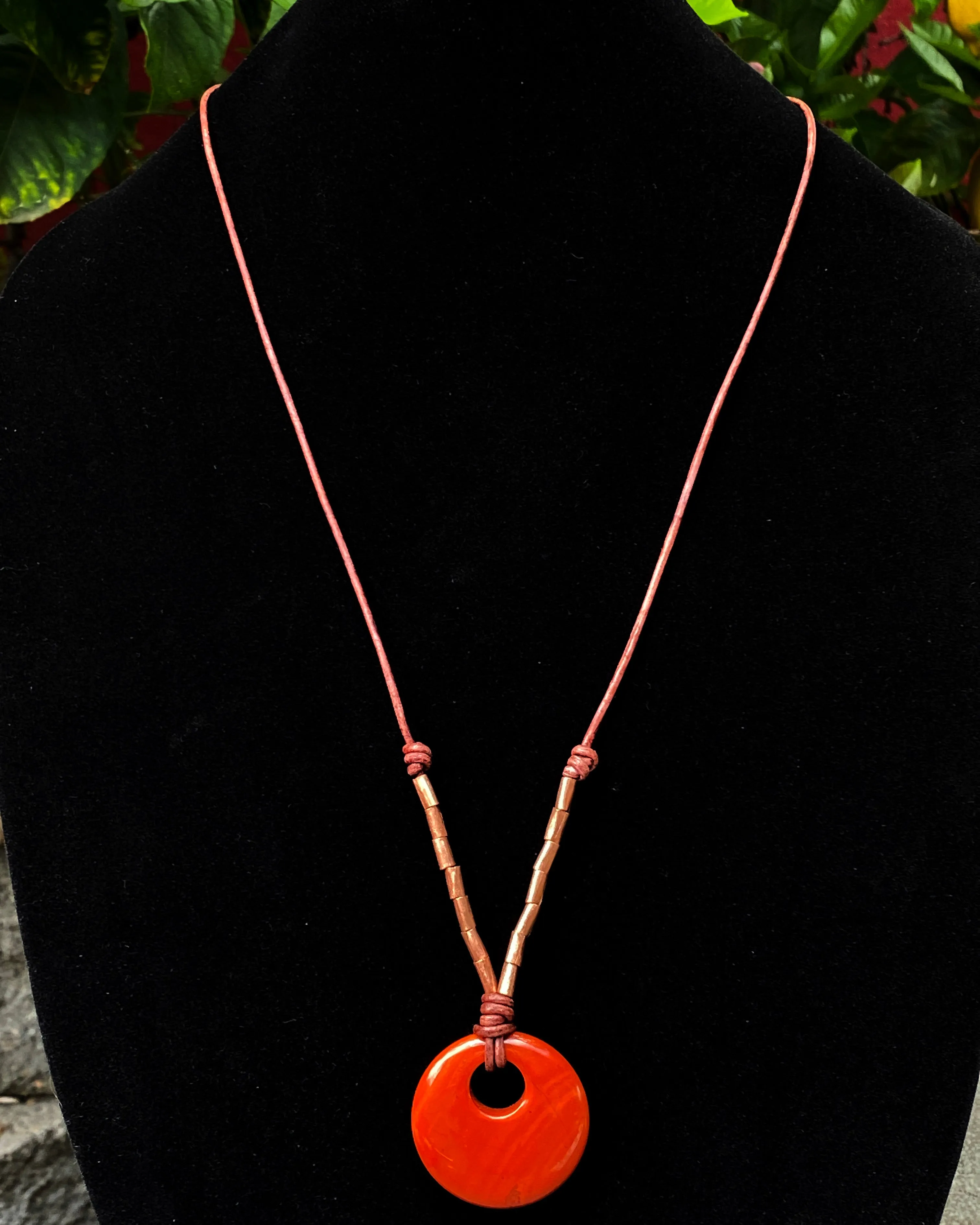 Long Red Jasper gemstone Leather Necklace