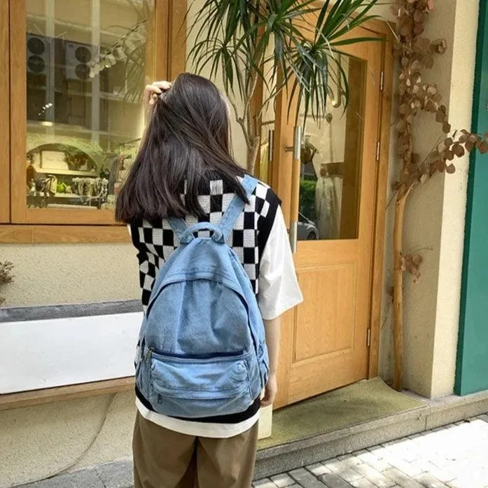 Multifunction Denim Cool Backpack EN257 - Korean Style Blue School Bag