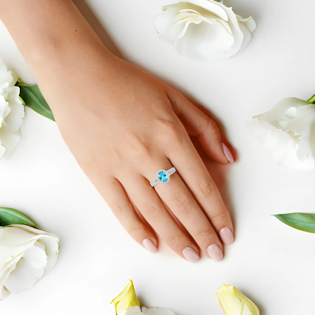 Natural Blue Paraiba Apatite Oval Halo Ring