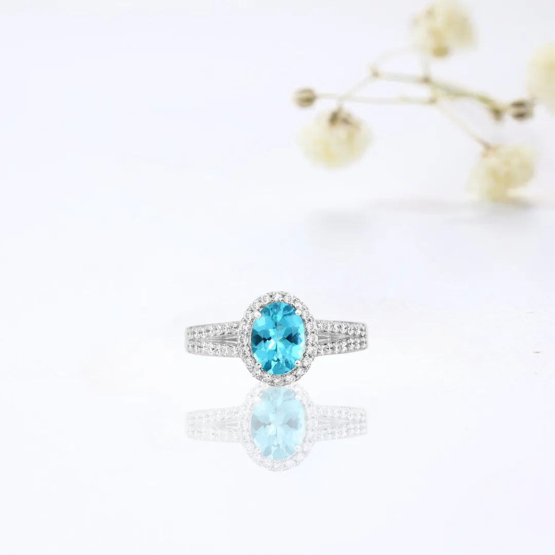 Natural Blue Paraiba Apatite Oval Halo Ring