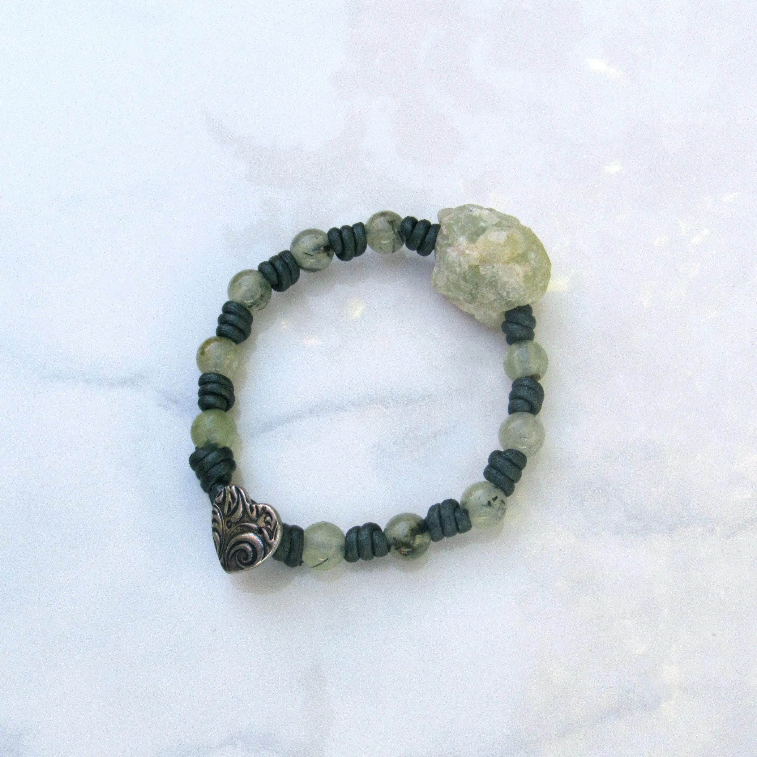 natural Prehnite gemstone on hand knotted leather bracelet