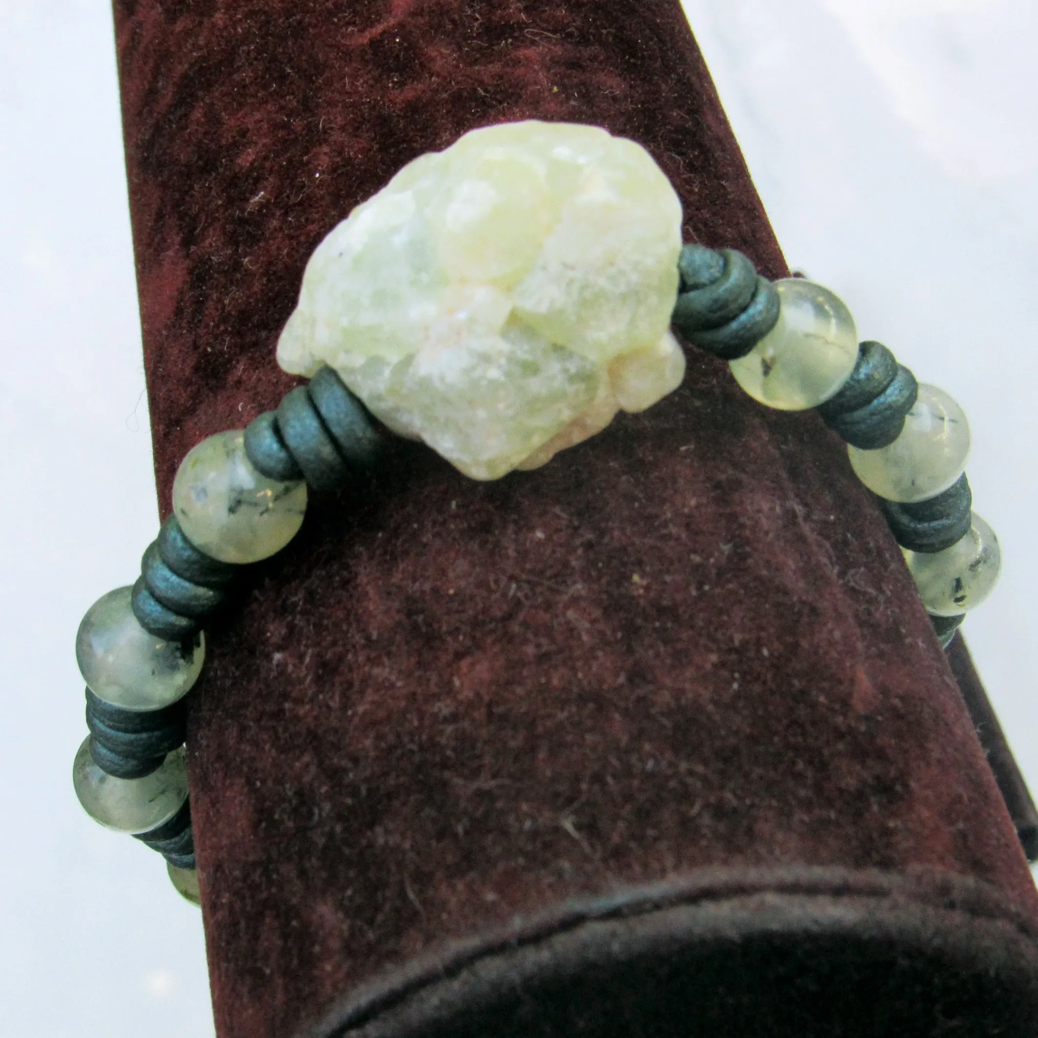 natural Prehnite gemstone on hand knotted leather bracelet