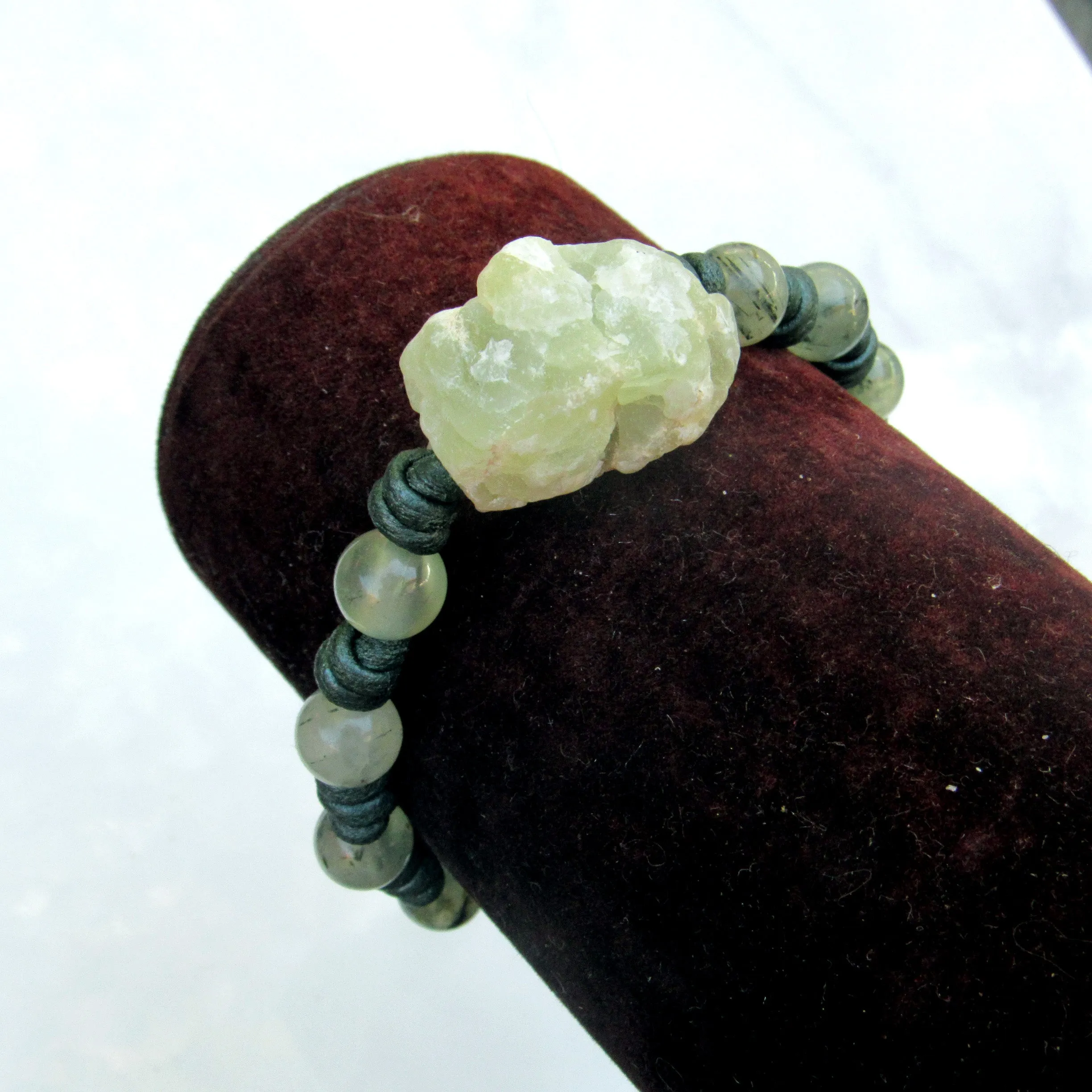 natural Prehnite gemstone on hand knotted leather bracelet