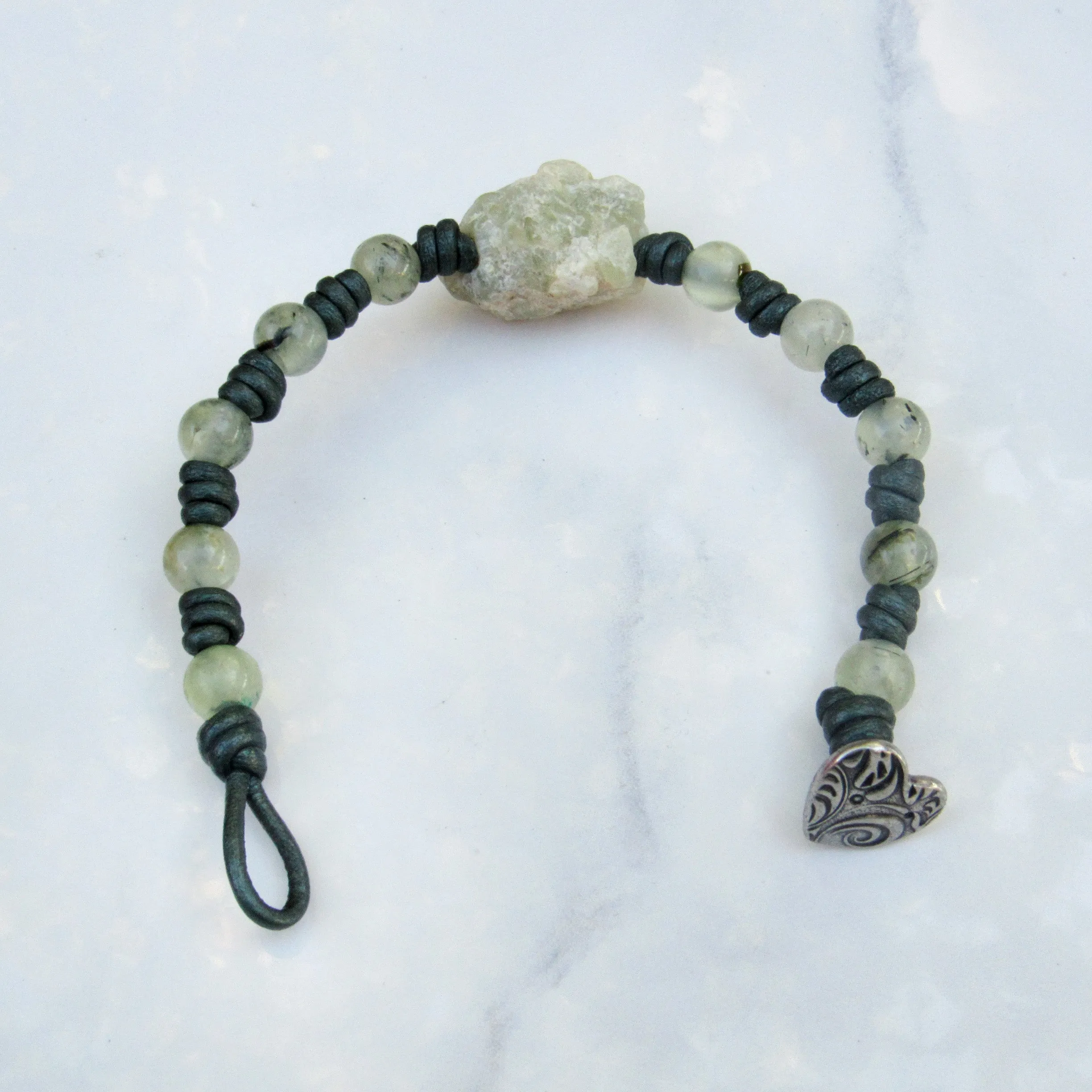 natural Prehnite gemstone on hand knotted leather bracelet