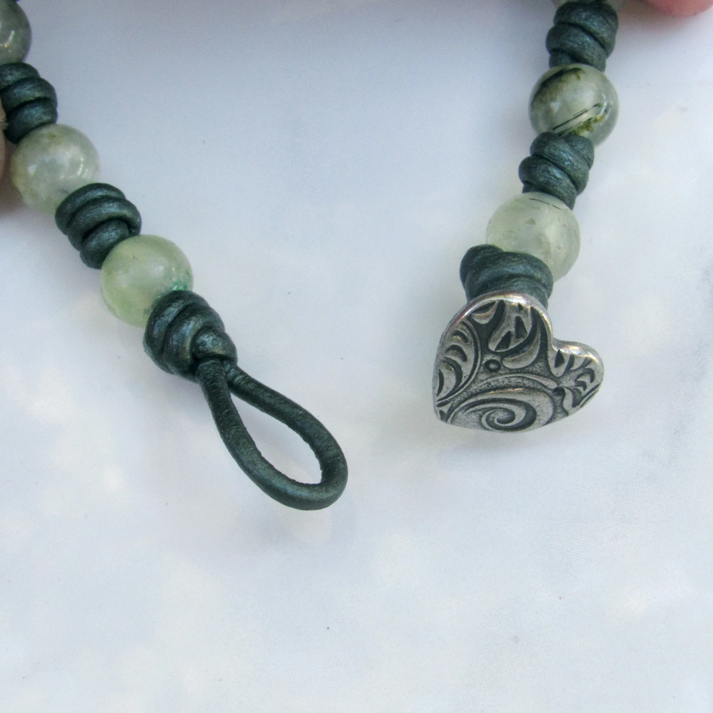 natural Prehnite gemstone on hand knotted leather bracelet