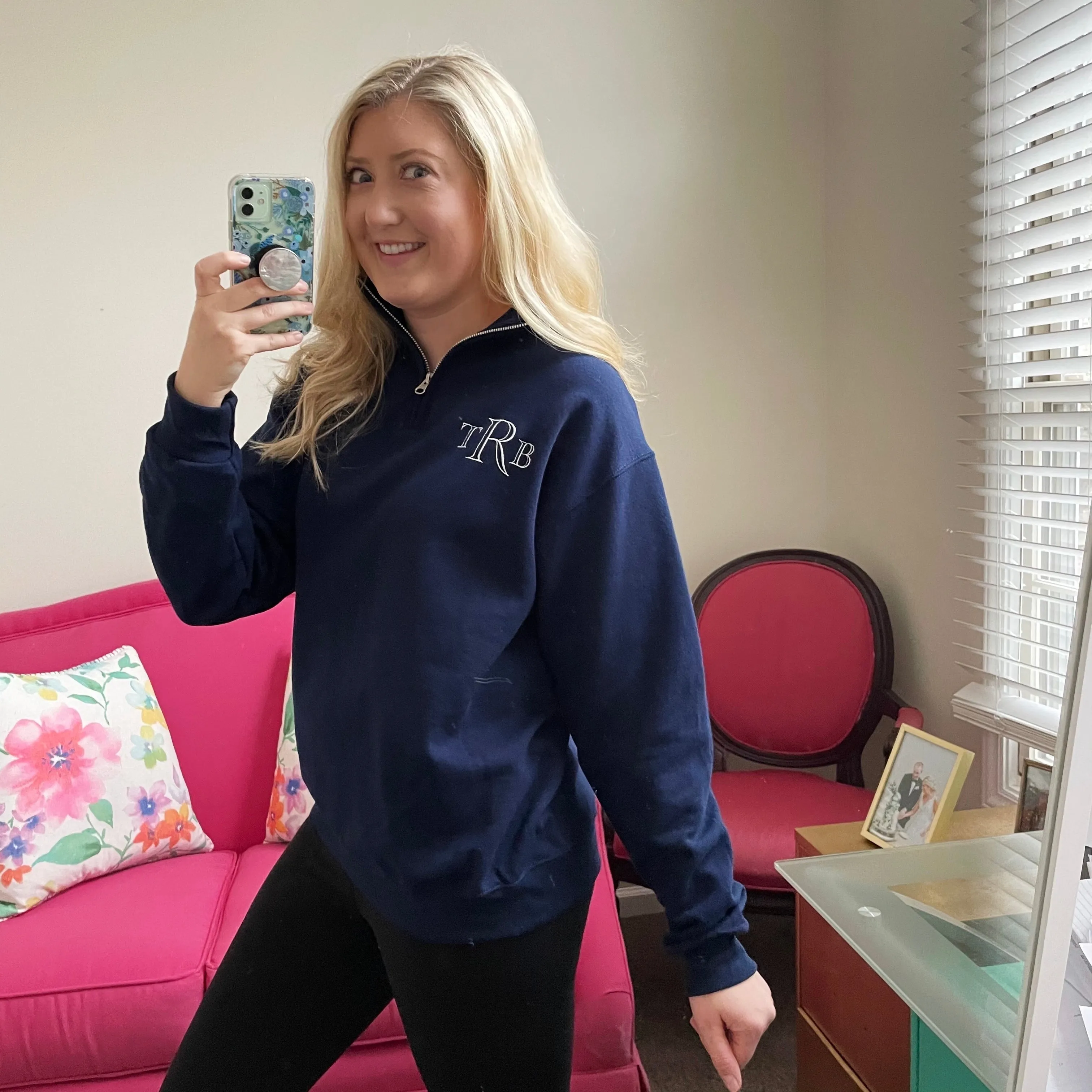 Navy Monogram Quarter Zip Sweatshirt