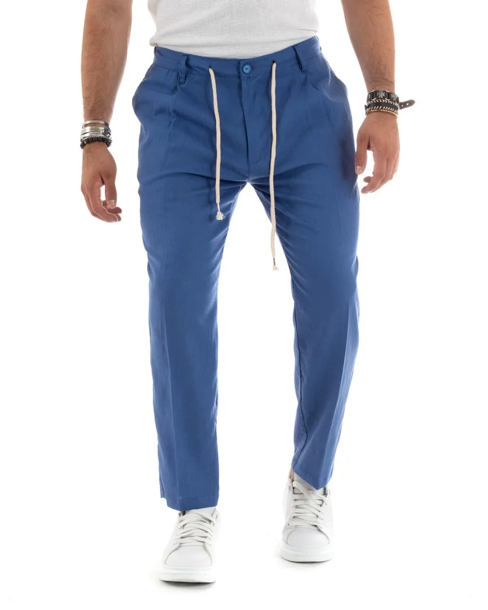 Pantaloni Uomo Lino Tasca America Basic Con Coulisse Elastico Sul Retro Casual Tinta Unita Denim GIOSAL-P5834A