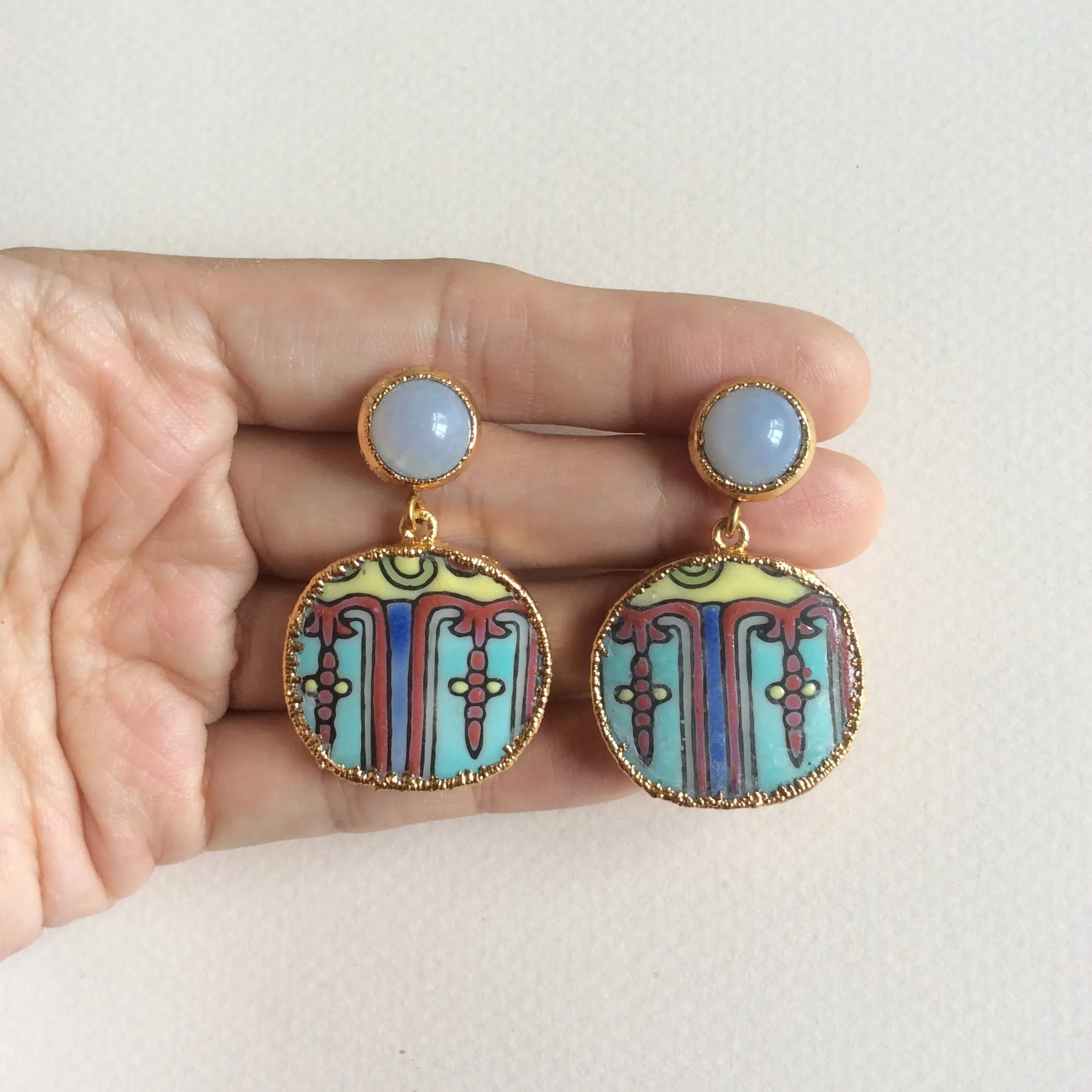 Peranakan porcelain earrings with blue chalcedony studs