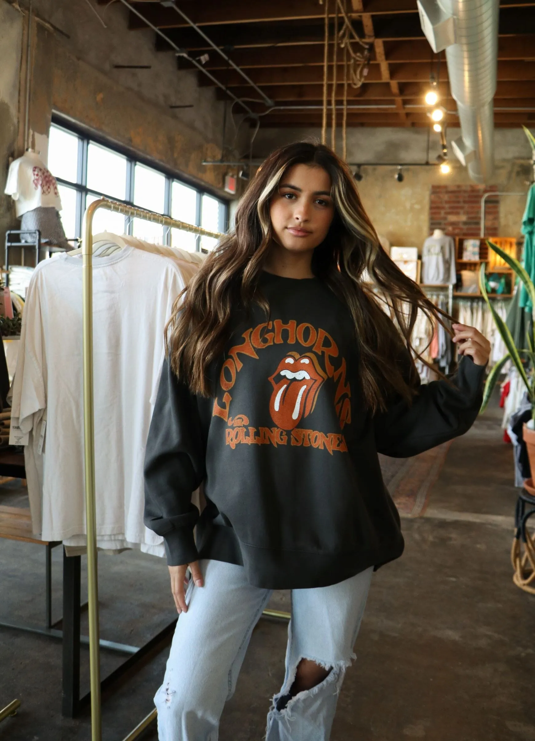 Rolling Stones Texas Longhorns Psych Black Oversized Crew Sweatshirt