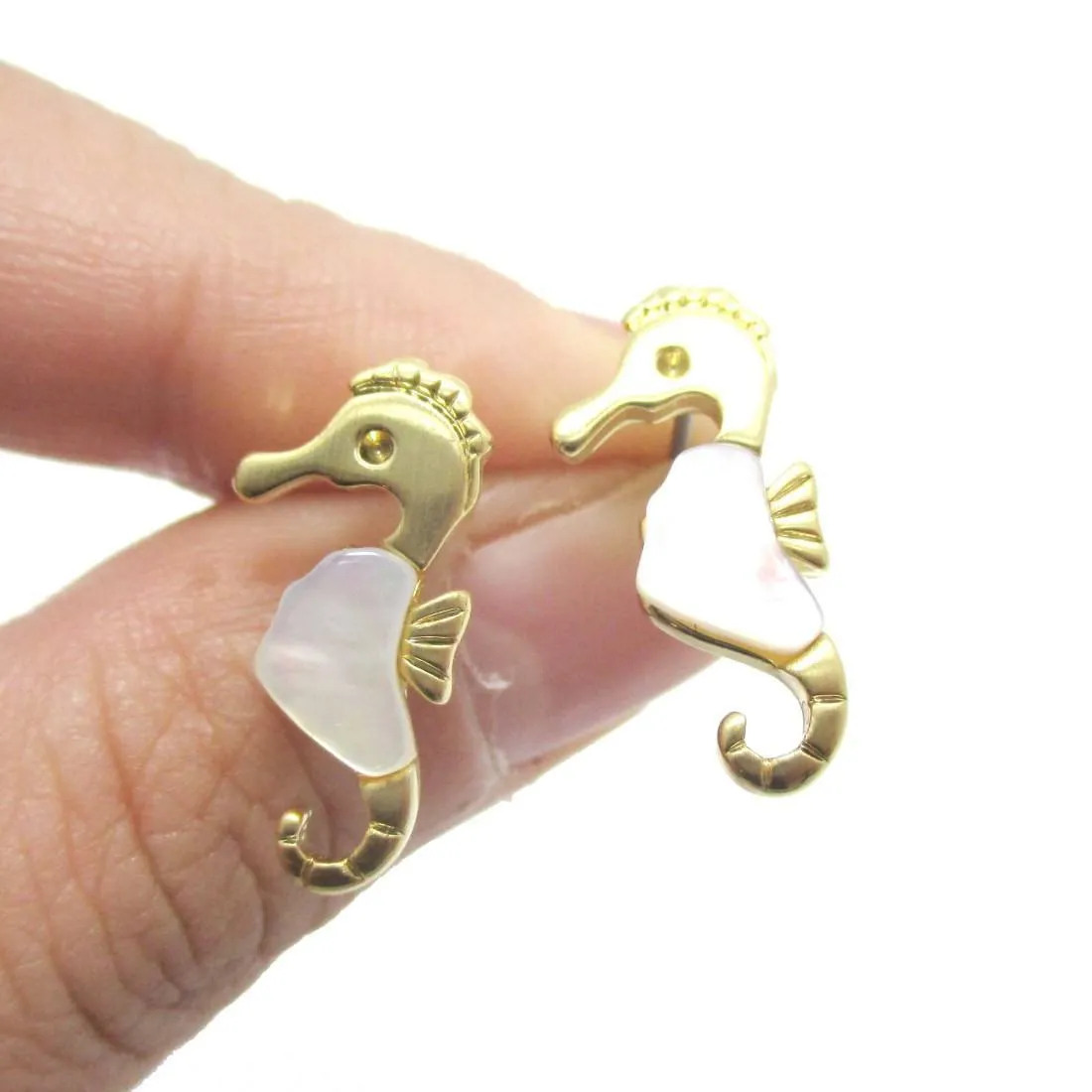 Seahorse Shaped Animal Themed Stud Earrings in Gold with Pearl Detail | DOTOLY