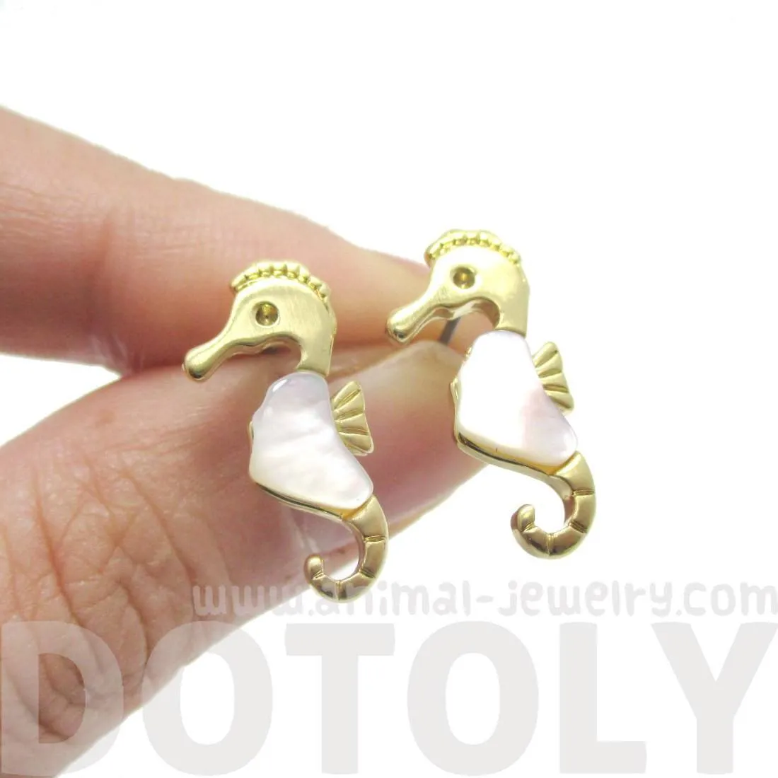 Seahorse Shaped Animal Themed Stud Earrings in Gold with Pearl Detail | DOTOLY