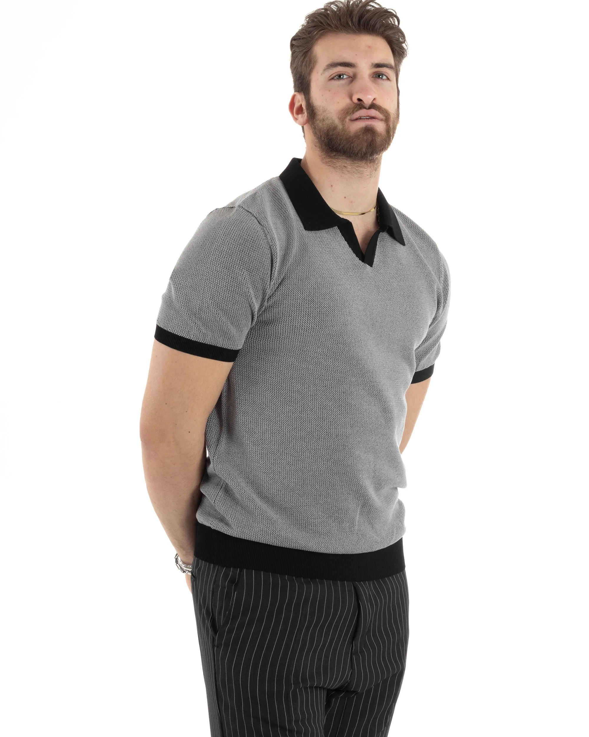 T-Shirt Uomo Maglia In Filo Maglia Con Colletto Polo Scollo V Casual Basic Nero GIOSAL-TS2985A