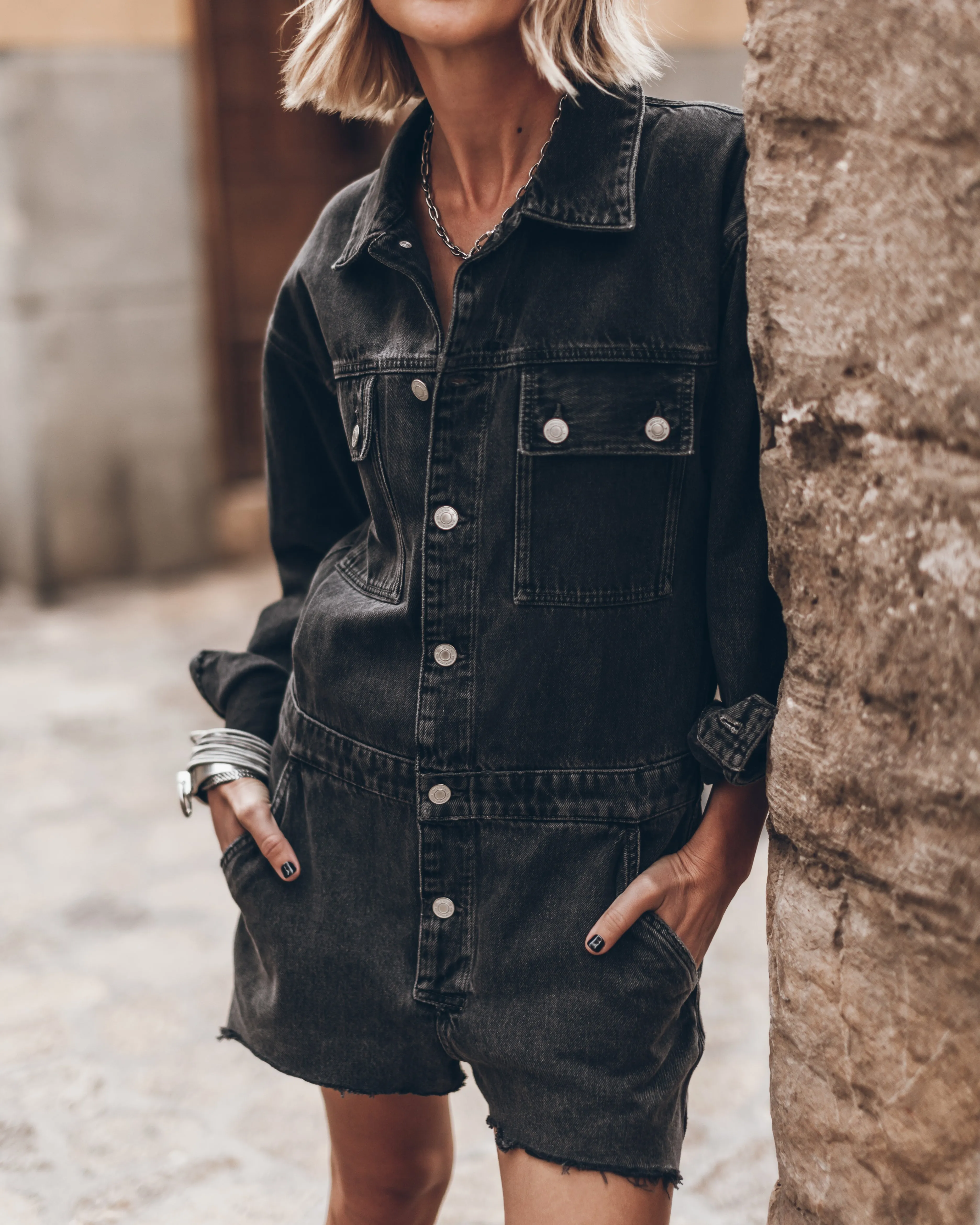 The Black Short Denim Jumpsuit