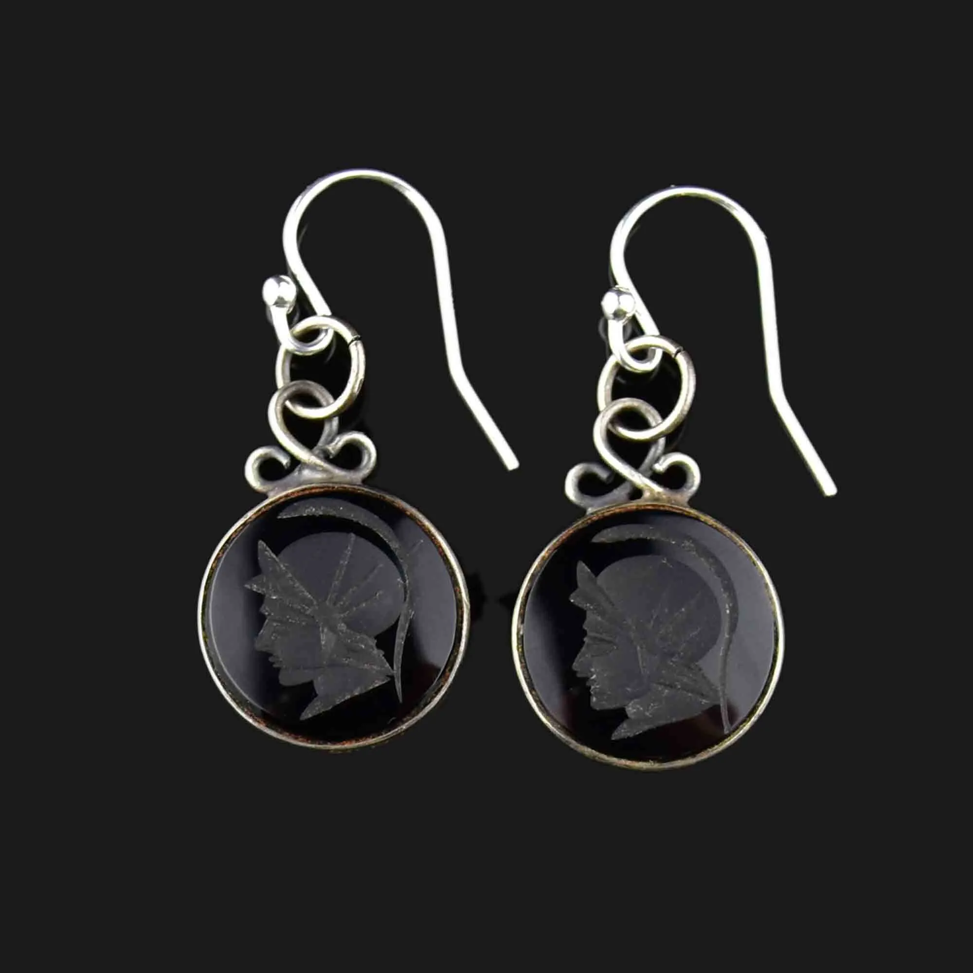 Vintage Black Agate Roman Soldier Intaglio Earrings