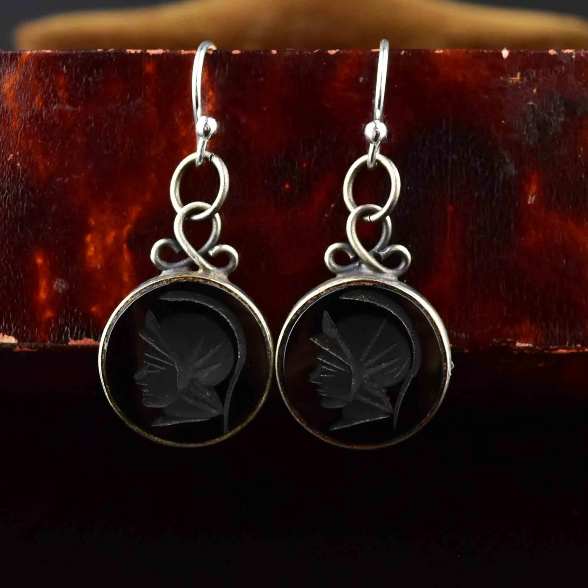 Vintage Black Agate Roman Soldier Intaglio Earrings