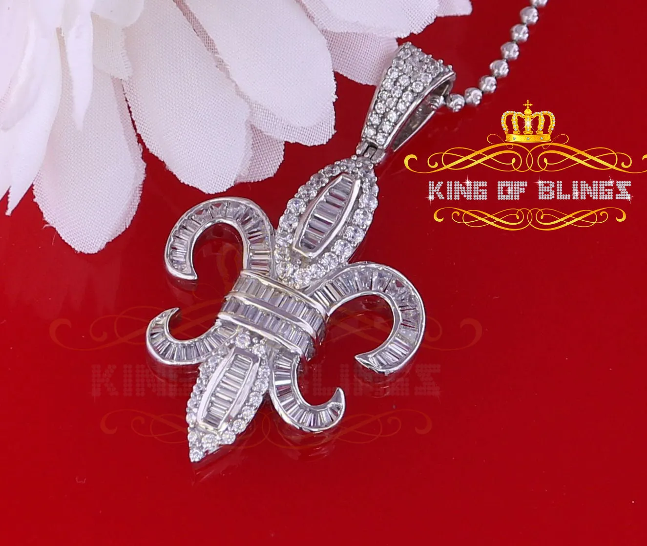 White 925 Fleur de Lis Shape Sterling Silver Pendant with 3.73ct Cubic Zirconia